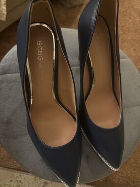 BCBGeneration Navy Pointed Toe Heels with Silver Toe Trim